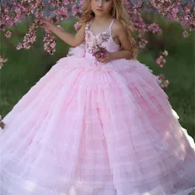 Розовые Платья с цветочным узором для девочек, кружевной топ с оборками, бальное платье для маленьких девочек на день рождения, наряды для танцев, пышное платье с коротким шлейфом для детей, детская одежда