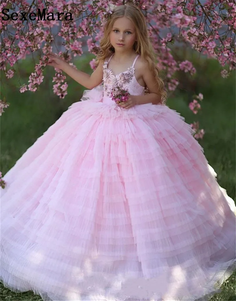 

Pink Flower Girl Dresses Ruffles Tulle Lace Top Ball Gown Little Girl Birthday Party Dance Gowns Sweep Train Pageant Dress for Kids Children Clothes