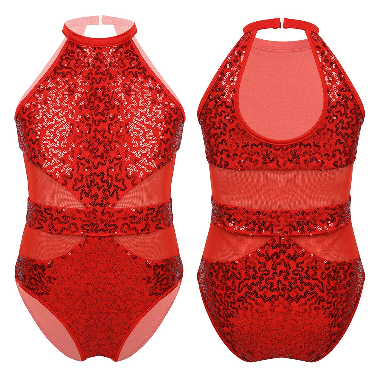 Детская Одежда для танцев для девочек; платье без рукавов с лямкой на шее; блестящее Сетчатое платье с блестками для балета и фигурного катания; трико для танцевальной гимнастики; костюм