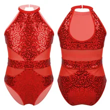 Детская Одежда для танцев для девочек; платье без рукавов с лямкой на шее; блестящее Сетчатое платье с блестками для балета и фигурного катания; трико для танцевальной гимнастики; костюм