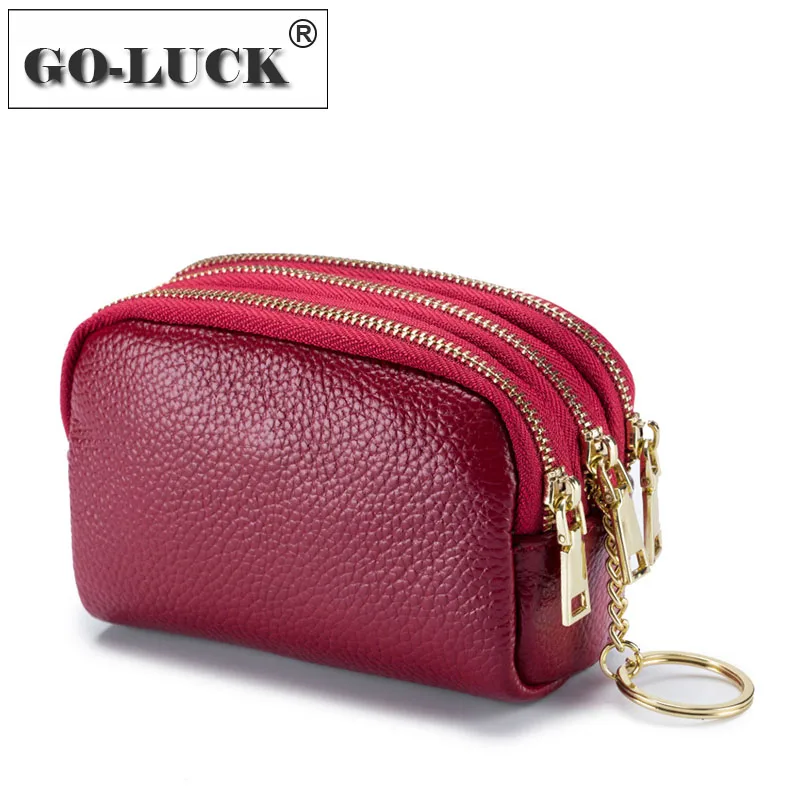 GO-LUCK-monedero de piel de vaca con cremallera para mujer, bolsa para cosméticos, lápiz labial, auriculares, 3 capas