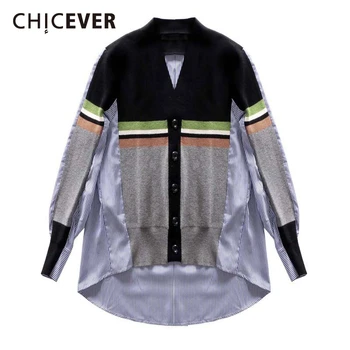 

CHICEVER Casual Irregular Womens Shirts V Neck Long Sleeve Patchwork Striped Hit Color Knitted Blouse Female Spring 2020 Fashion