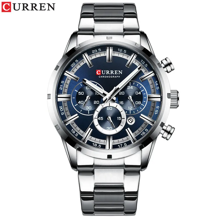 CURREN Мужские s часы лучший бренд класса люкс Модные Бизнес Кварцевые часы мужские спортивные полностью стальные водонепроницаемые черные часы Relogio Masculino - Color: Silver blue