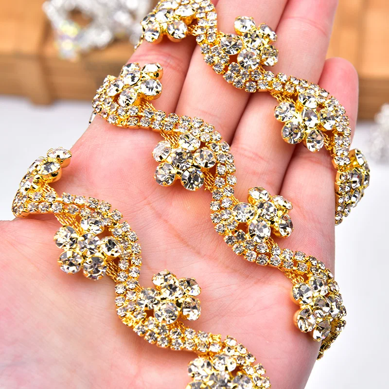 Высокое качество S Форма Кристалл AB Стразы цветок цепь свадебное платье украшения серебро/золото основа для шитья Ткань DIY