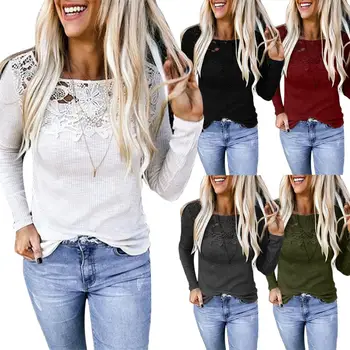 

2020 Spring Autumn Fashion Women Autumn Solid Color O Neck Long Sleeve Lace Stitching Ribbed Blouse
