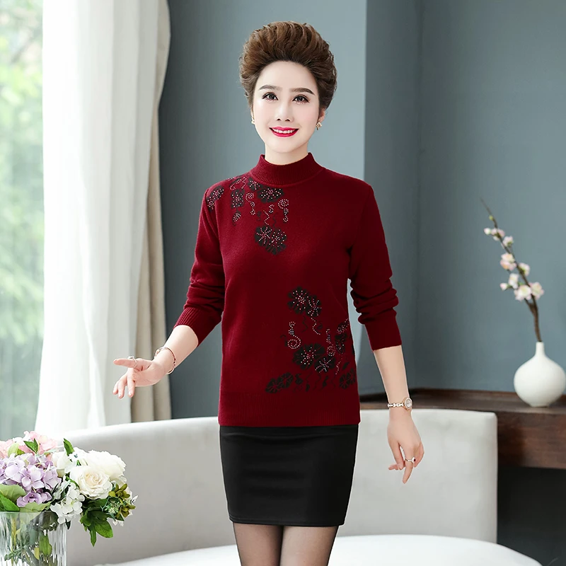 

Mature Women Wool Pullover Sweater Winter Autumn Red Navy Blue Green Crew Neck Jumper Mujer Sequined Flower Knitwear Plus Size