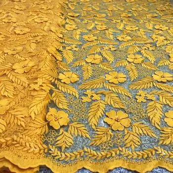 

Yellow Gold New Nigerian Lace Fabric 2020 high Quality 3 D Flowers Beads Lace Net Lace Fabric Embroidered For Wedding Dresses