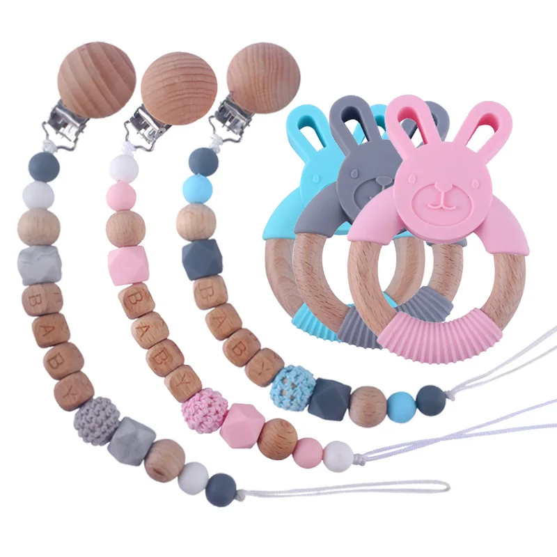 XCQGH Младенческая Детская молярная деревянная силиконовая соска с бусами цепь Силиконовые кроличьи уши Прорезыватель