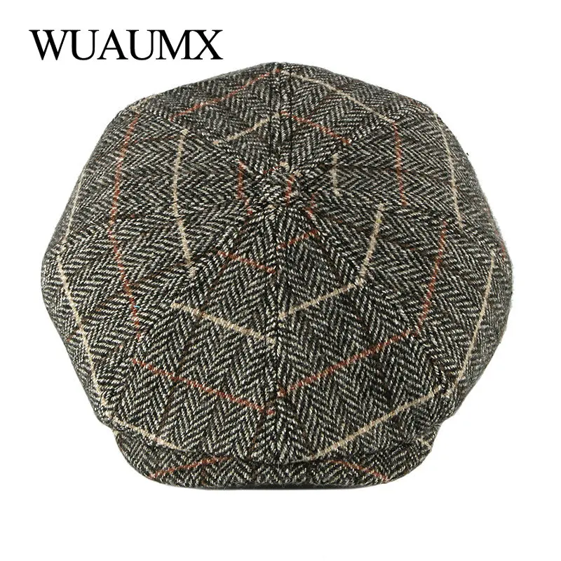 Wuaumx шерстяные Восьмиугольные шляпы твидовые плоские таксисты Newsboy шапки Мужские живописцы шапки осень зима Берет британский стиль елочка шапки