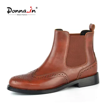 

Donna-in Retro Calf Leather Women Chelsea Boots Round Toe Brogue Vintage Shoes Low Heel Elastic Band Short Plush Winter Boots