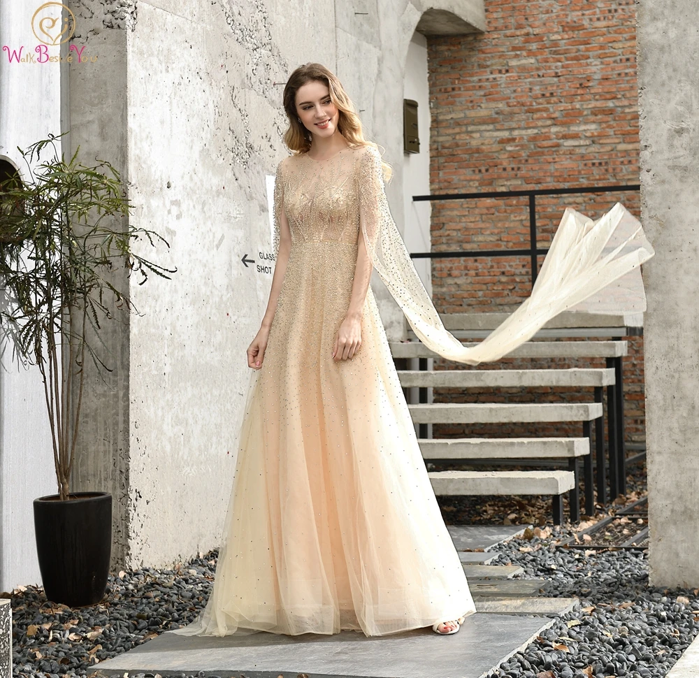 

Luxury Beading Crystal Champagne Elegant A-Line Evening Dresses Sheer Long Sleeves Formal Party Prom Gowns robe de soiree 2019