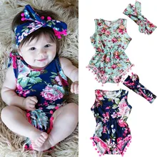 Комплект одежды для новорожденных 0-24 мес., 2 предмета, детский комбинезон, зеленый, синий, цветочный принт, боди для малышей, повязка на голову, комплект одежды для маленьких девочек