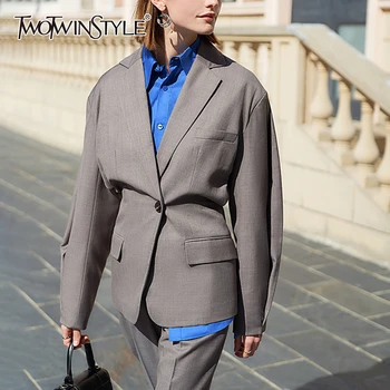 

TWOTWINSTYLE Casual Women Blazer Notched Lantern Long Sleeve Tunic Loose Elegant Suit Female Fashion Clothing 2020 Spring Tide
