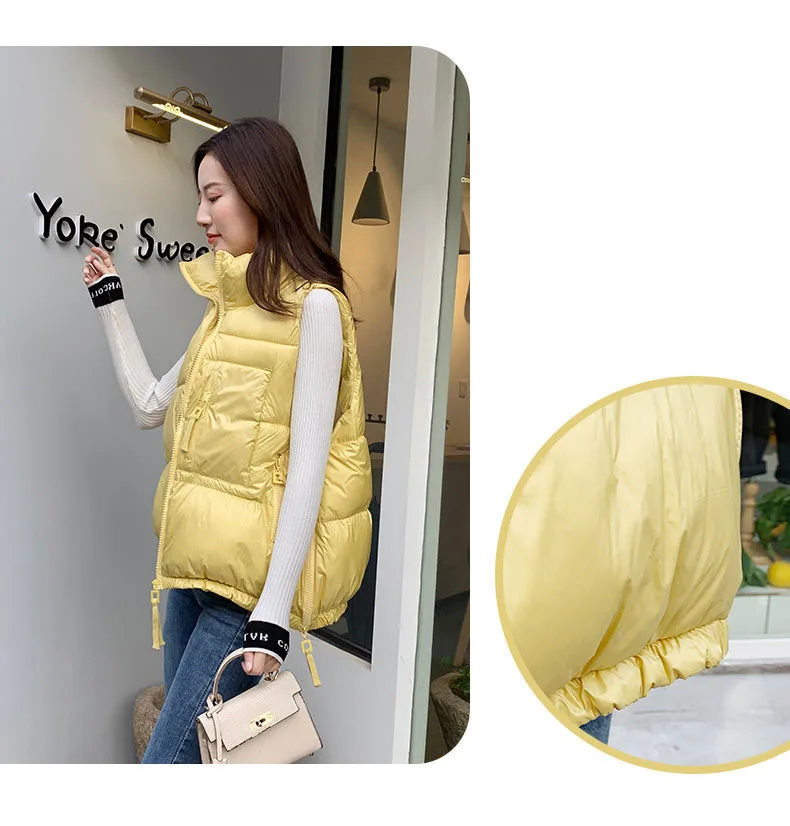 Winter Woman Down Cotton Short Vest Coat Yellow Stand Colloar Sleeveless Jacket Large size Waistcoat Korean Style Gilet Femme petite long puffer coat