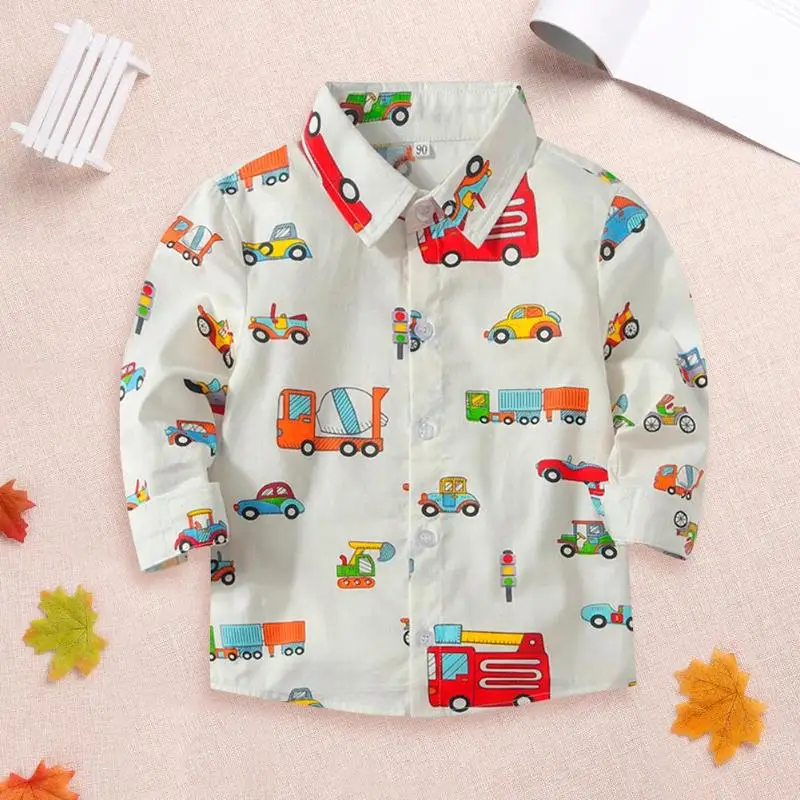 Осенняя Модная рубашка в британском стиле с длинными рукавами и принтом в виде машинки для маленьких мальчиков; удобная хлопковая рубашка