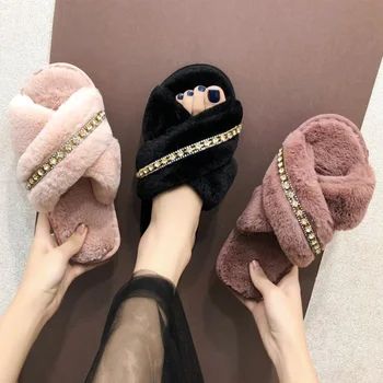 

MCCKLE Autumn Women Fluffy Flat Slippers Ladies Plush Furry Cross Crystal Female Open Toe Home Shoes Fashion Female Footwear