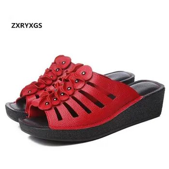 

2020 Newest Summer Hollow Flower Cowhide Leather Sandals Ladies Slippers Flat Wedges Sandals Fashion Casual Shoes Women Slippers