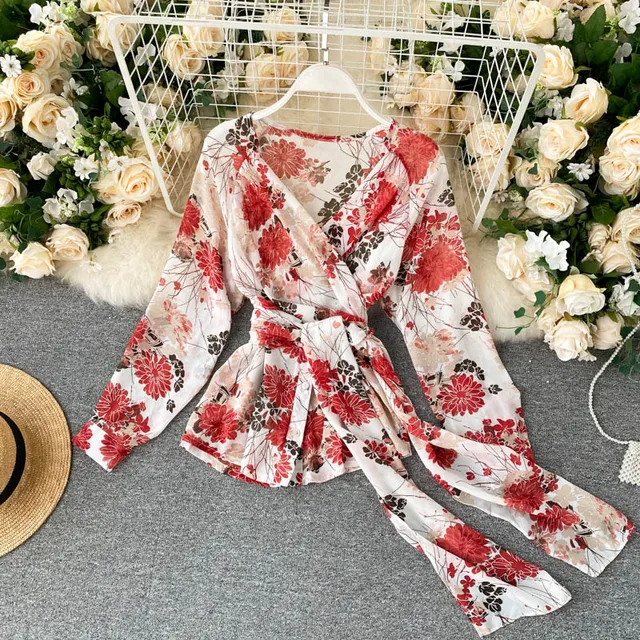 YIZZHOY Summer New Women Floral V-neck Lace Chiffon Top High Waist Slim Solid Casual Wide-leg Pants Ladies Two Piece Set 4