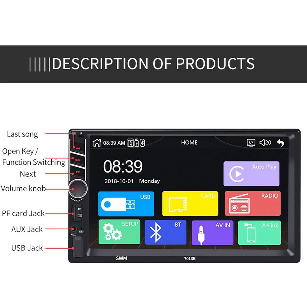 

7" Din Carplay Car Radio Bluetooth for Apple Android 8.1 Mirror Link Video Player USB TF ISO Stereo System Headunit
