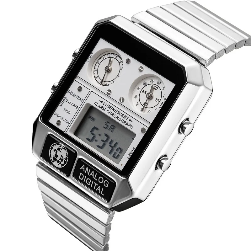 DUANTAI Для мужчин s эксклюзивная модная Полный Сталь квадратные часы двойной синхронный и 10-битная светодиодный цифровые часы Для мужчин спортивные часы мужские