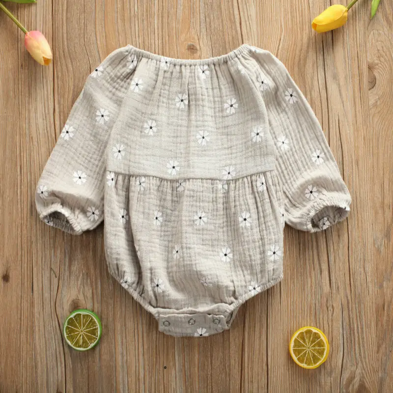 0-24M Newborn Cotton Linen Romper Infant Baby Girl Floral Long Sleeve Romper Toddler Baby Clothes Outfit Playsuit