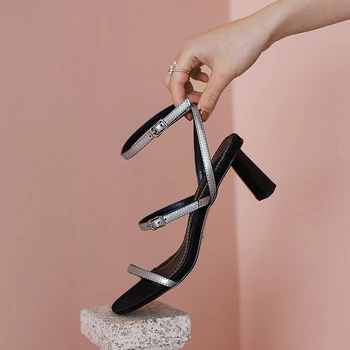 

Concise Basic High Heels Sandals Woman Genuine Leather buckle Ladies shoes Summer Fashion Weding Night Club Shoes Woamn