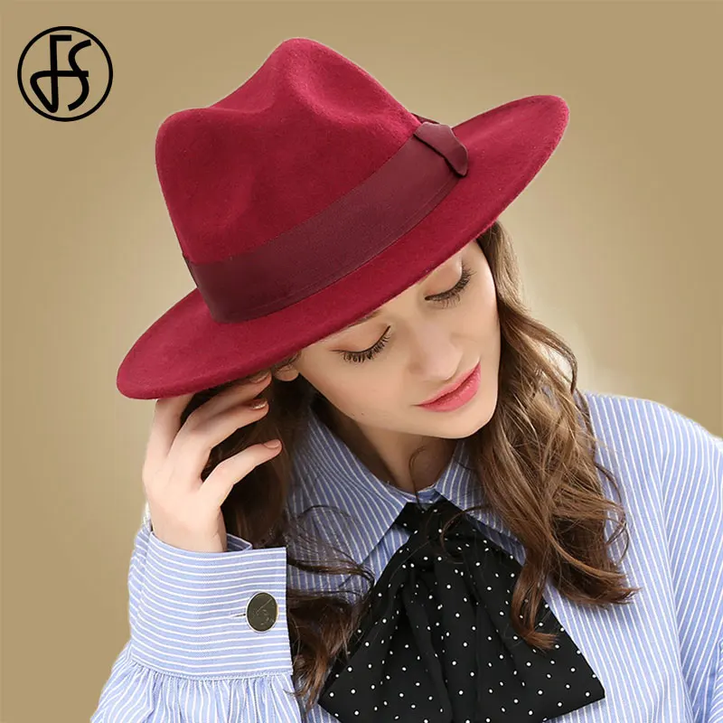 Wine Red Wool Hat FS, женская шляпа, винтажная, черная, шляпа с широкими полями, фетровые, шерсть, фетр, зимние, элегантные, шапки для женщин, бант, Панама, кепка, женская, Трилби, шляпа, осень - Цвет: Wine Red Wool Hat