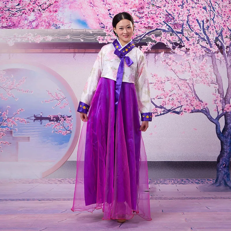 Традиционное платье для выступлений, одежда для дворца, вечернее трикотажное платье для женщин, Элегантные корейские атласные костюмы с вышивкой - Цвет: Deep purple hanbok