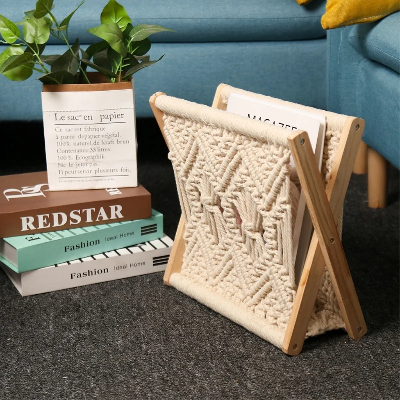 Nordic Cotton Woven Storage Basket Boho Macrame Knitting Folding Magazine Rack Desktop Book Shelf