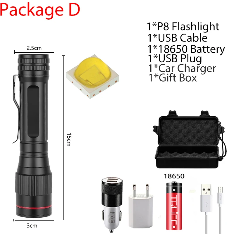 P8 светодиодный фонарик с зумом портативный XHP70.2 фонарь USB Перезаряжаемый водонепроницаемый светильник пресс-переключатель использовать аккумулятор 1x18650 - Испускаемый цвет: D-P8