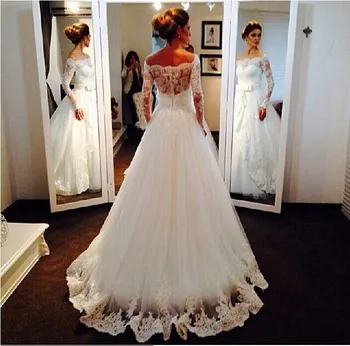 

ball gown Shoulder to Shouler Straps long sleeve Full robe africaine Lace Brazil boat neck bridal gown Bespoke Wedding Dresses