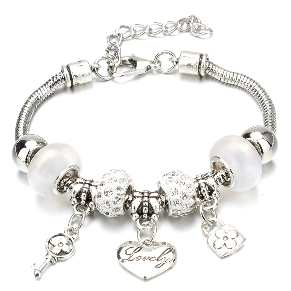 Antique Original Love Heart Key Lock Shape 6 Colors Charm Bracelets for Women Clay Beads Bracelet & Bangle DIY Jewelry Gifts Bracelet Jewelry