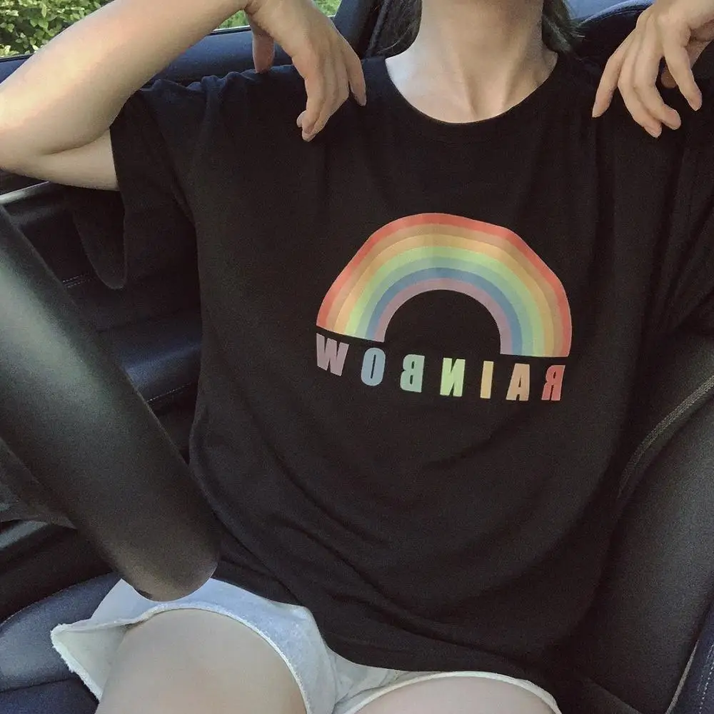 Harajuku Радужная Женская Черная Футболка уличная Tumblr Heated Graphic Femme футболки Kawaii с коротким рукавом забавные винтажные футболки