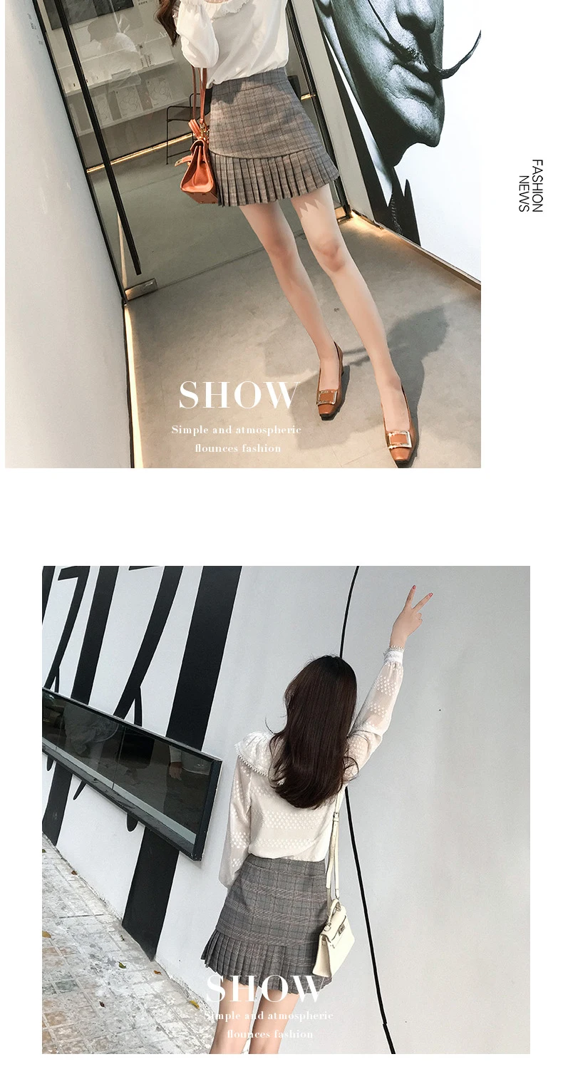 Осень Kawaii школьная плиссированная юбка трапециевидной формы с высокой талией и рюшами клетчатая Женская мини-юбка Милая Корейская шикарная короткая юбка