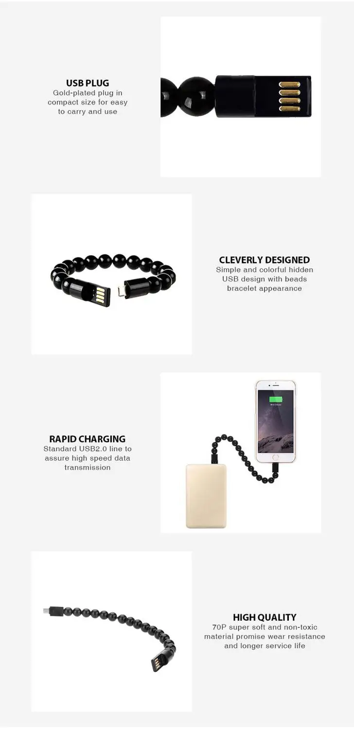 Wearable Bracelet Charger Cable Data Charging Jewelry Beads Wrist Band Outdoor Portable Sync Cord For iPhone Micro USB Type C