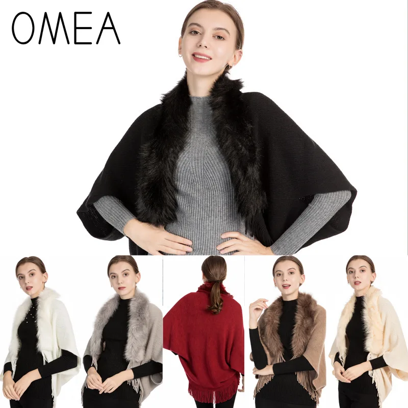 OMEA Fur Collar Poncho Women Winter Knitted Pullover Poncho with Tassel Women Shawl Solid Color Female Ponchos and Capes Ladies