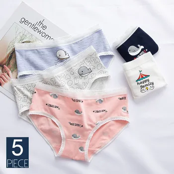 

5pcs/lot Lace-up Panties Cartoon Whale Print Women Underwear Cotton Breathable Lady Briefs Mid-Rise Comfortable Underpants 30