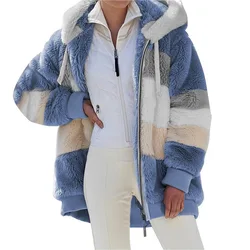 Senhoras jaqueta moda retalhos de pelúcia zíper com capuz casaco inverno quente do falso pele bolso solto parka jaqueta feminina superior 5xl