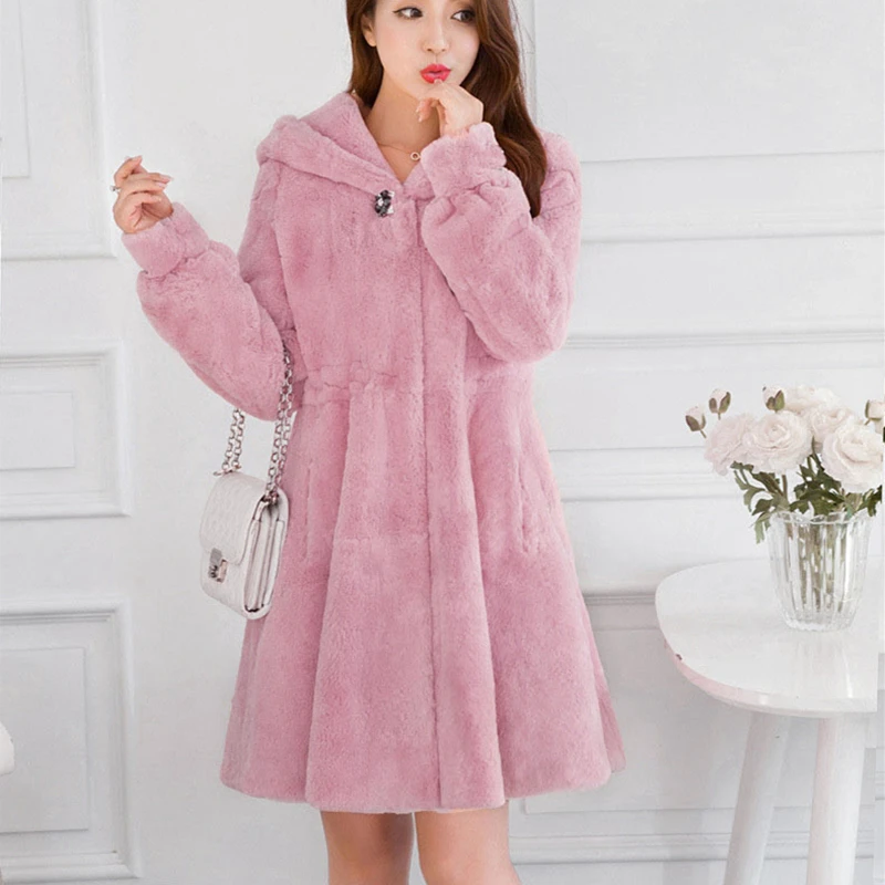 Pink Зимняя Новинка, длинная приталенная куртка из искусственного меха с капюшоном, женские толстые теплые куртки из искусственного кроличьего меха, женские черные пальто больших размеров - Цвет: Pink