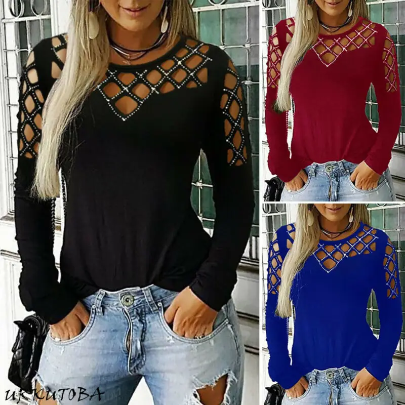 

Womens Hollow Long Sleeve Sim Fit T-shirt Ladies Summer Casual Tops Tee
