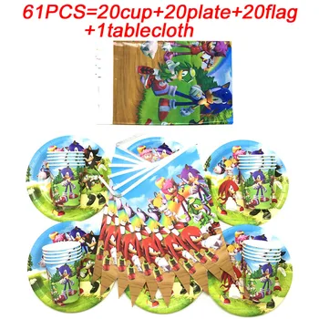 

Sonic The Hedgehog Birthday Decor Supplies Paper Plates Cup Tablecloth Sonic Banner Flags Sonic The Hedgehog Party Set 61pcs/set