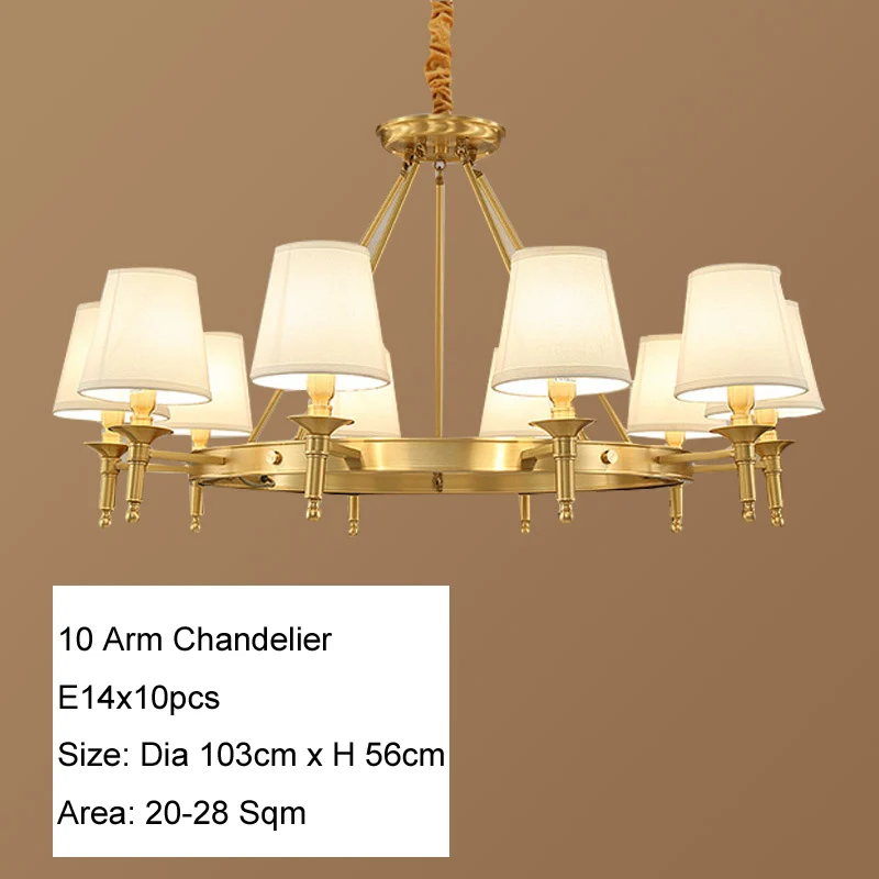 10 Arm Chandelier Американский стиль Медный Подвесной светильник люстра s медный потолочный светильник медный латунный люстра светильник для гостиной комнаты светильник D58 - Цвет абажура: 10 Arm Chandelier