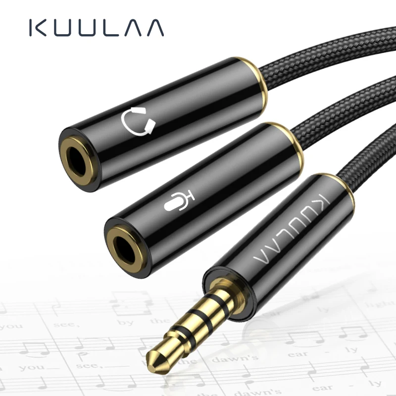 KUULAA Jack 3 5 мм микрофон + разветвитель для аудиокабеля позолоченный разъем Aux кабель