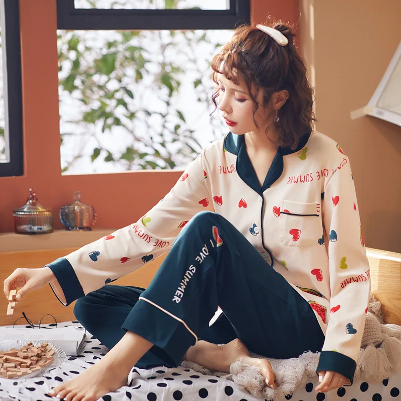 

8872 # Heart Watermelon Cardigan ZY High Quality Pure Cotton Long Sleeve Korean-style Sweet Pajamas Tracksuit Two-Piece Set