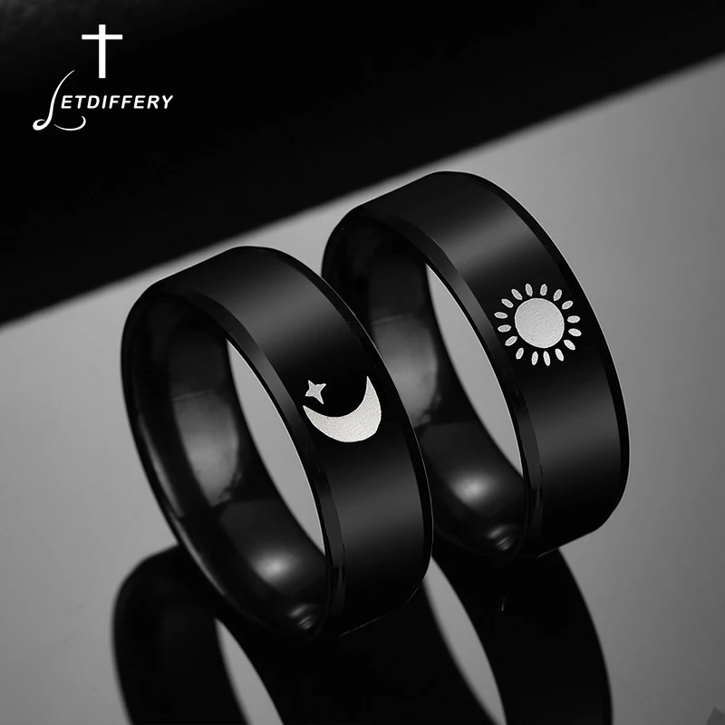 Letdiffery Luna Simple sol par anillos para amante negro de acero inoxidable de los hombres de las mujeres anillo de boda regalos del Día de San Valentín