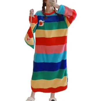 

Women Winter Coral Velvet Nightgown Rainbow Stripes Cartoon Pig Loose Sleepwear
