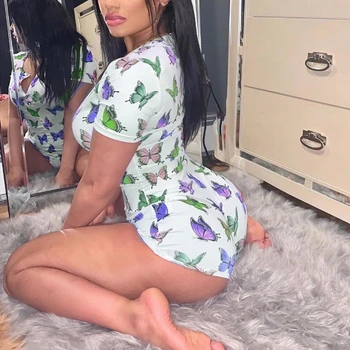 

Butterfly Print Short Sleeve Button Onesie Pajamas Stretchy Shorts Jumpsuits Rompers Adult Pajama Women Onsie Plus Size