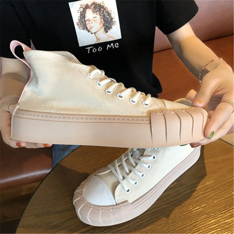High Quality Classic Women White Canvas Shoes Spring Autumn High Top Women Platform Vulcanized Shoes Female Flat Casual Shoes