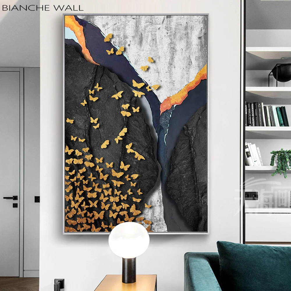 

Nordic Abstract Marble Gold Butterfly Modern Canvas Painting Wall Art Poster Print Abstract Painting Decorative Picture