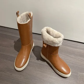 

Handmade Winter Boots Women Platform Warm Plush Snow Boots New 2020 Genuine Leather Round Toe Slip On Mid-calf Boots Brown Lady